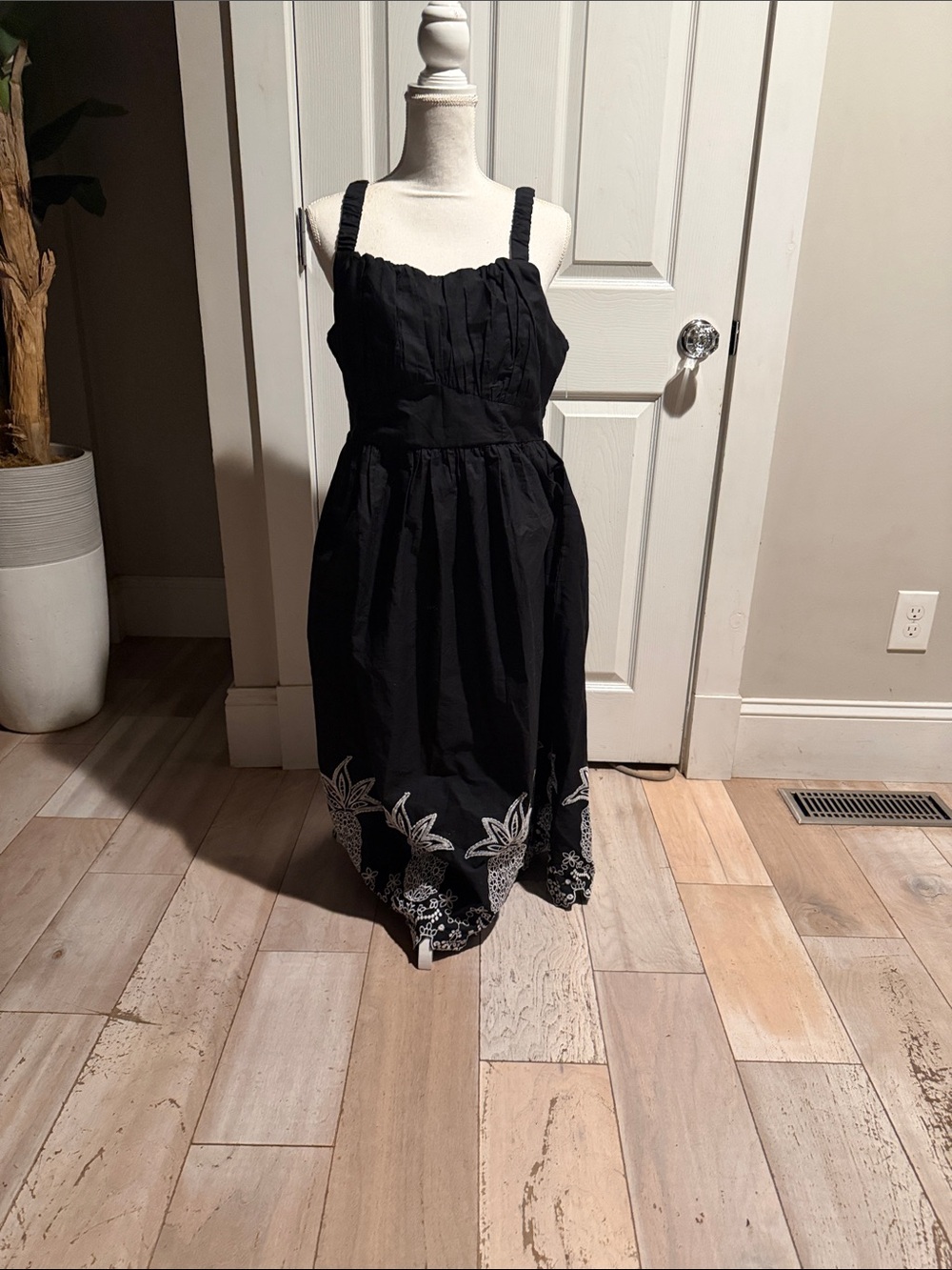 London Times Black Maxi Dress with White Embroidered Hem